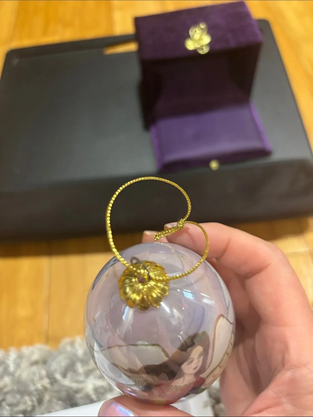 Pier 1 Purple and Gold Reverse Hand-Painted Angel with Harp Ornament